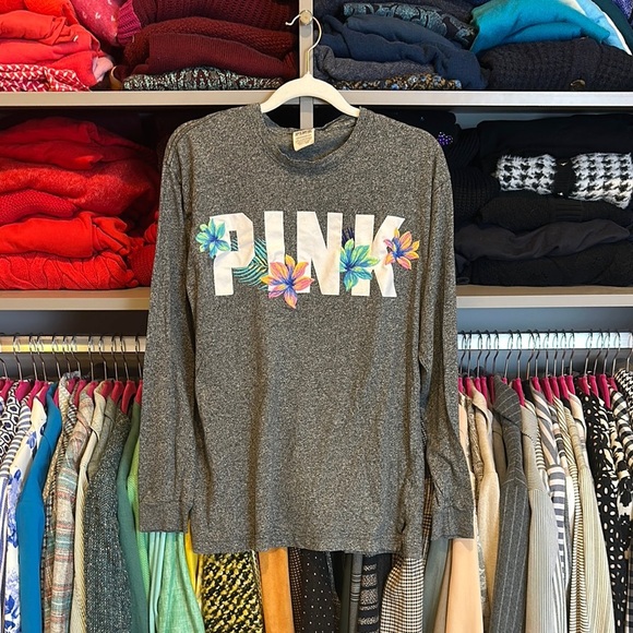 PINK gray with floral print long sleeve t shirt size XS - Picture 1 of 3